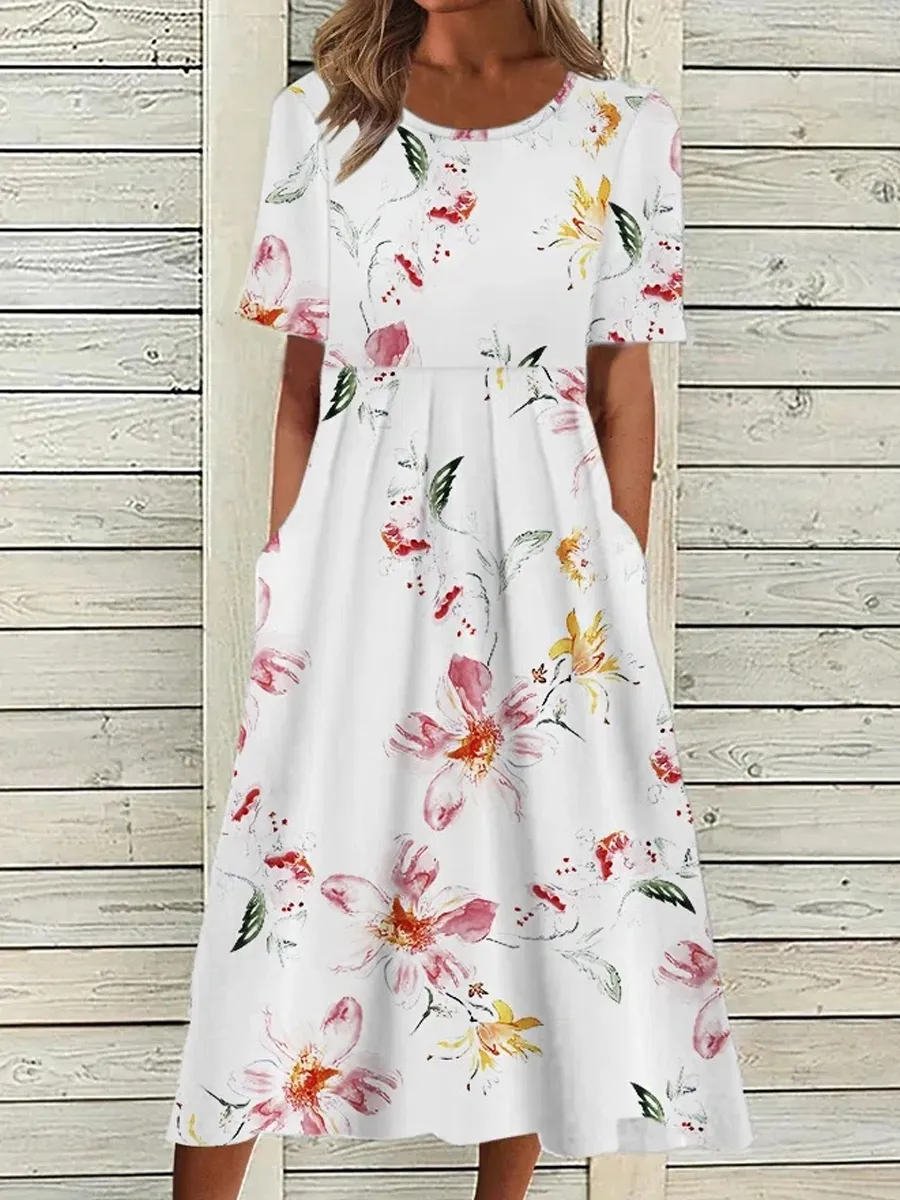 Casual Floral Print Crew Neck Pocket Short Sleeve Midi Dress