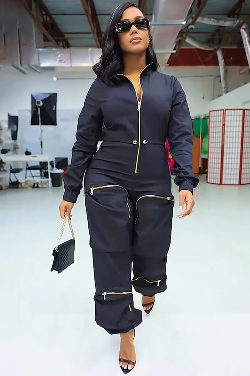 Deep V Zipper Neck Long Sleeve Drawstring Pocket Trousers Casual Jumpsuit