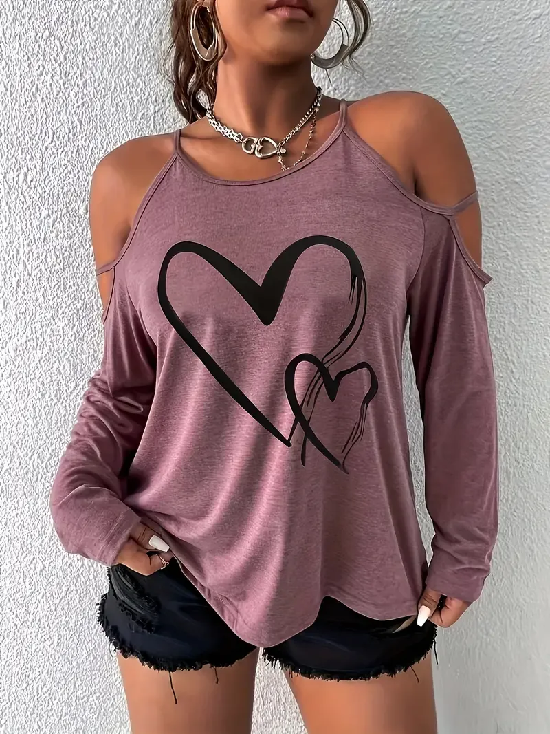 Chic Plus Size Off-Shoulder Heart Print Top