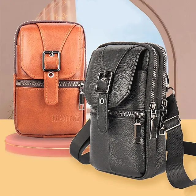 Men's Crossbody Bag Shoulder Bag Belt Bag Cowhide Outdoor Daily Zipper Large Capacity Waterproof Lightweight Solid Color Red-brown Brownish yellow Black