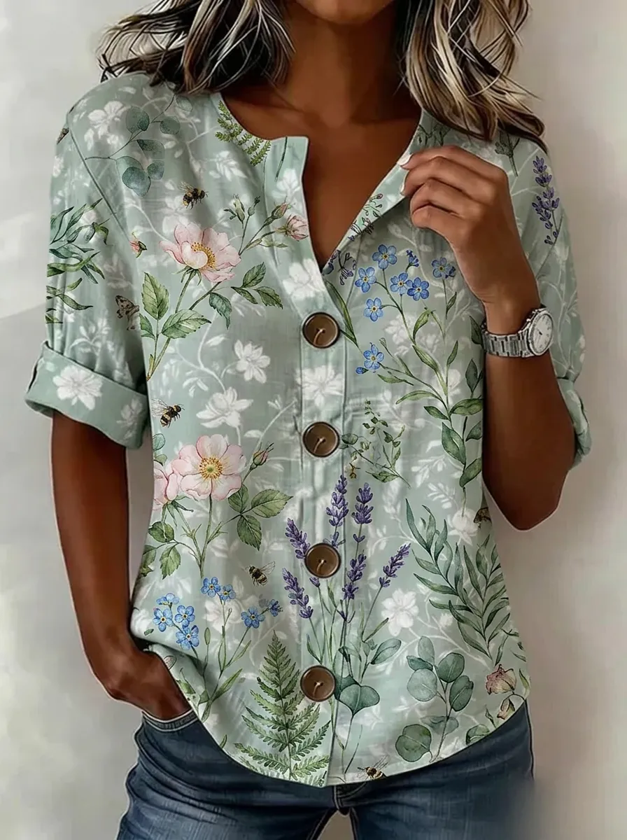 Women's Nashville Botanical Bee Floral Printed Button-Up Shirt