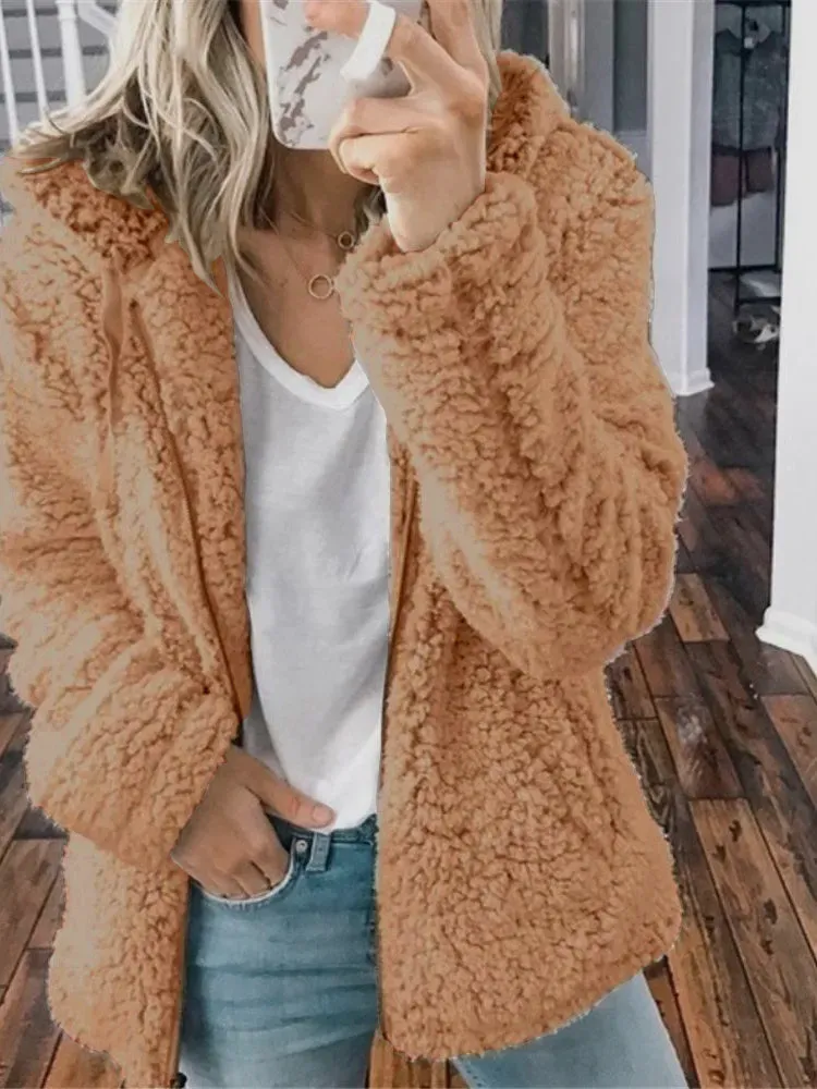 Women Causal Zipper Long Sleeve Hooded Teddy Coat Top