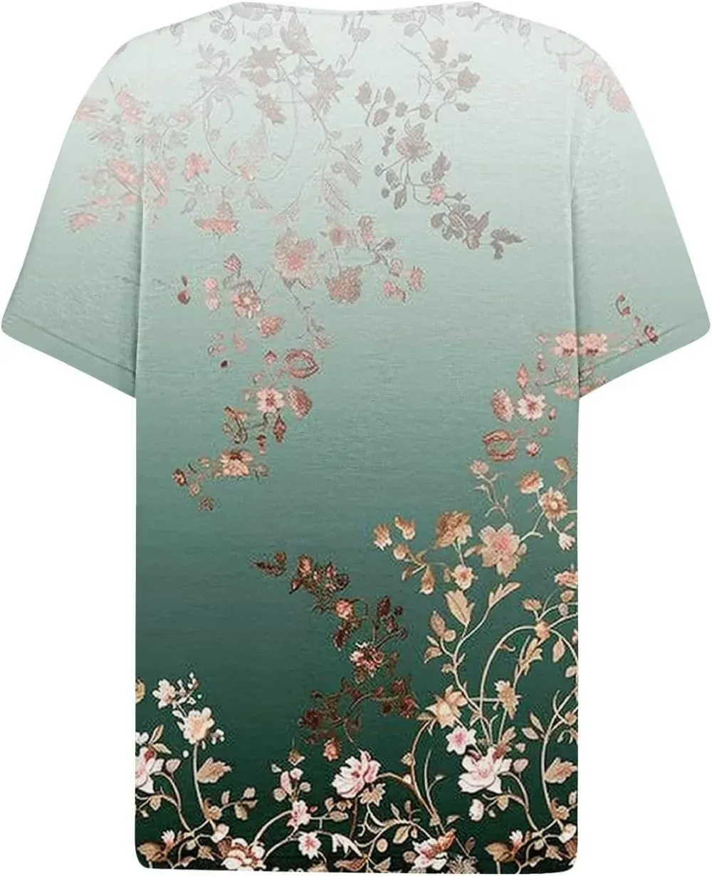 Shirts for Women Casual Printed Summer Tops Short-Sleeved Button V-Neck Tops Blouse Fashion Boho T-Shirts