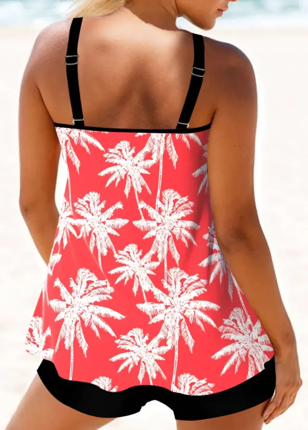 Metal Ring Leaf Print Coral Red Tankini Top