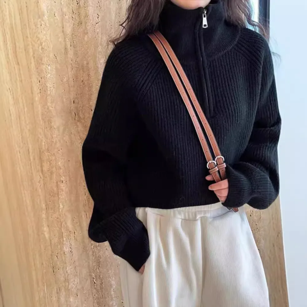 Retro Half Zip Cropped Bat Sleeve Pullover Sweater