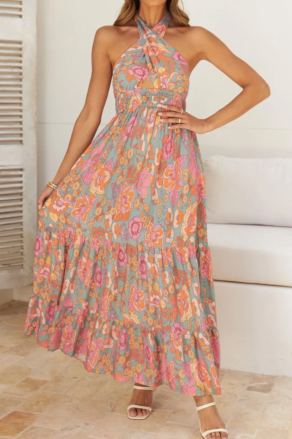 Cross necked flowing A-line long dress - Orange