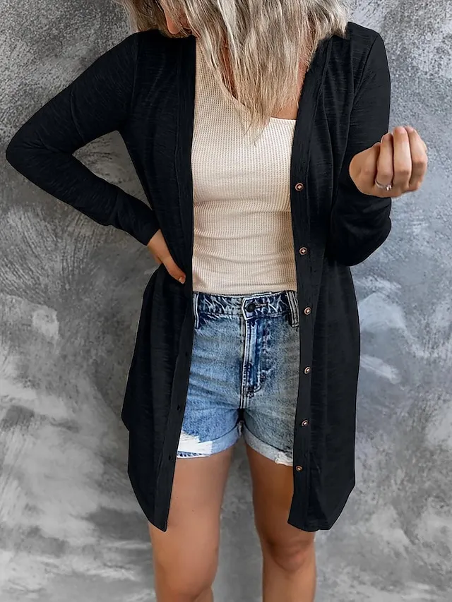 Women's Cardigan Sweater Cowl Ribbed Knit Polyester Button Summer Spring Outdoor Home Halloween Casual Soft Long Sleeve Solid Color Black White Light Green S M L