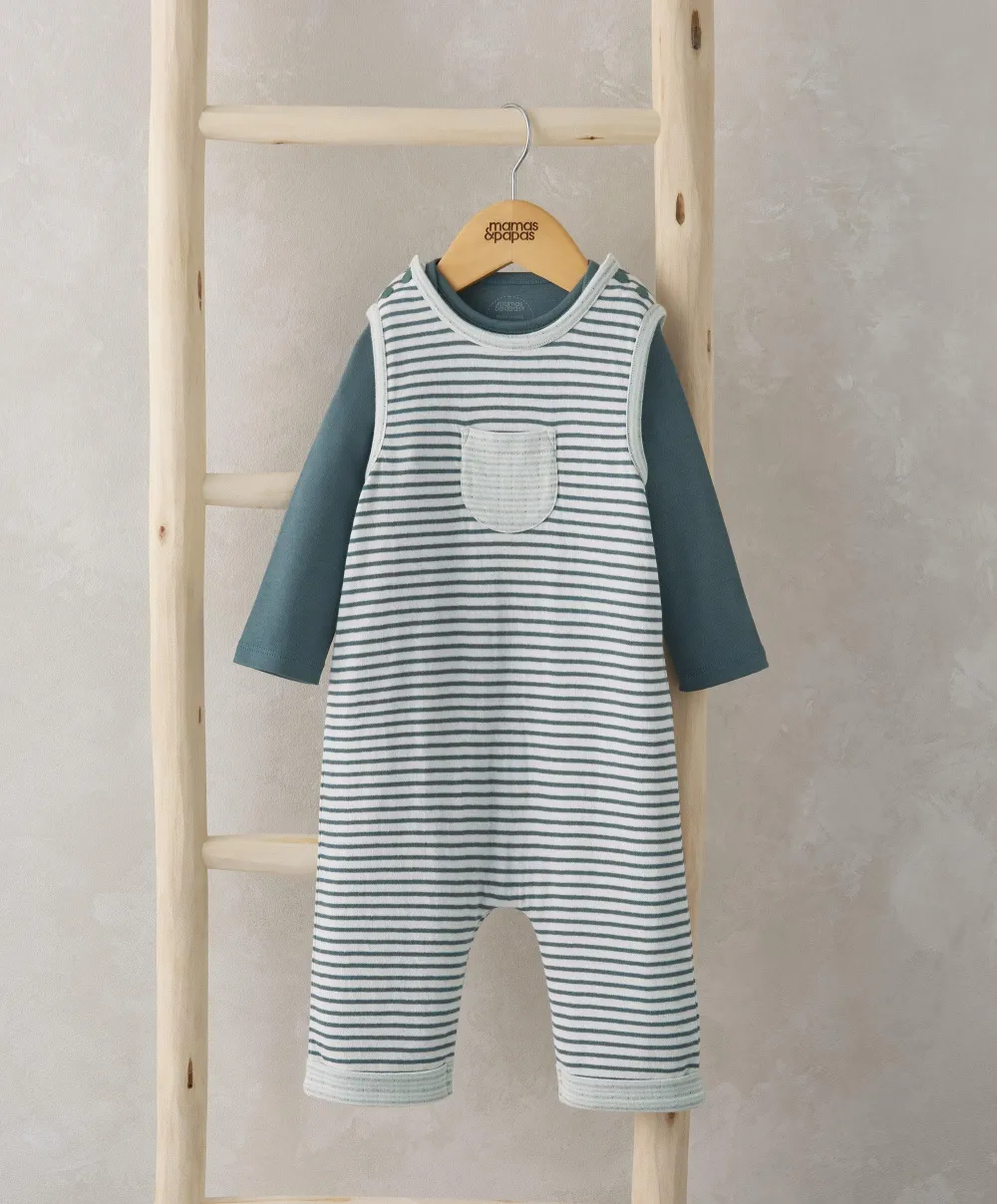 Stripe Dungarees & Bodysuit Outfit Set - Blue