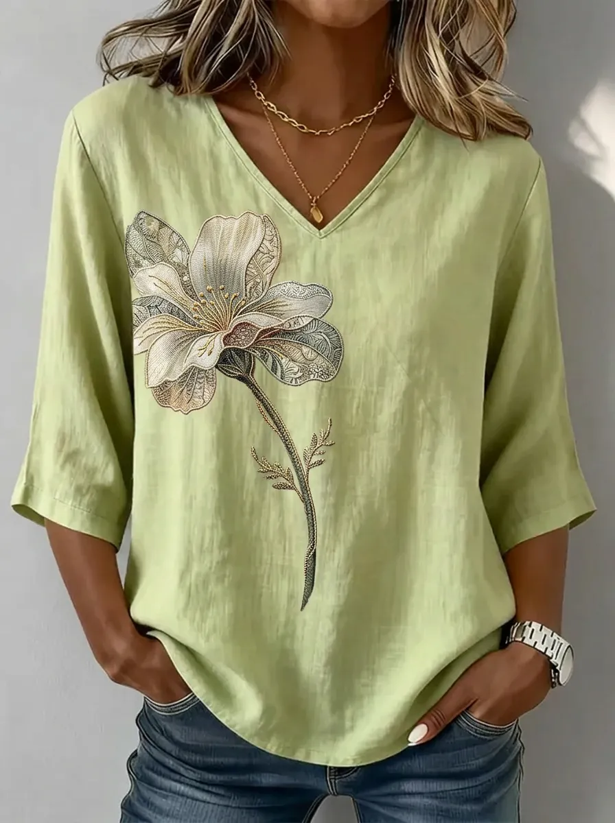 Women's Nashville Floral Art Printed V-neck Top
