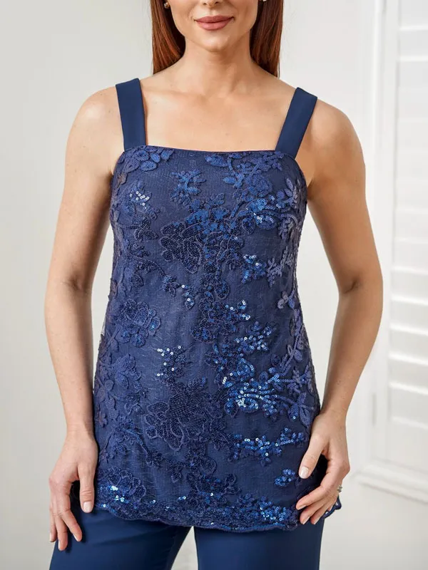 Suit Sequined Chiffon Embroidered Top + Chiffon Long Pants