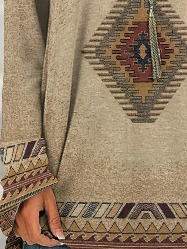 Women's T shirt Tee Burgundy Tee Tunic Shirts Marron Yellow Light Green Geometric Plaid Print Long Sleeve Casual Vintage Tunic Ethnic Round Neck Regular Fit Bohemian Theme Geometric Plus Size Fall