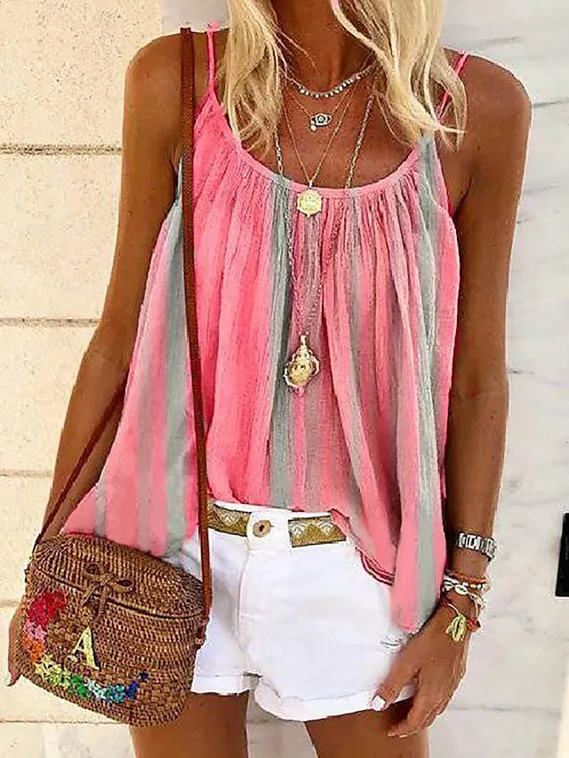 Women's Tank Top Camisole Summer Tops Yellow Pink Blue Stripes Pleated Holiday Boho Round Neck S