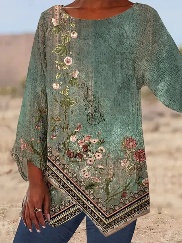 Women's Shirt Blouse Green Floral Asymmetric Print Long Sleeve