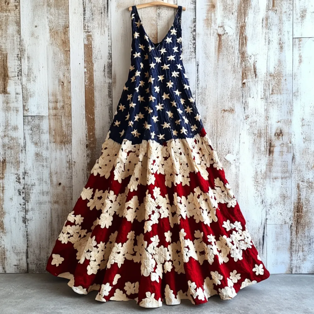 Women's Vintage Independence Day Flag Floral Art Linen Midi Dress