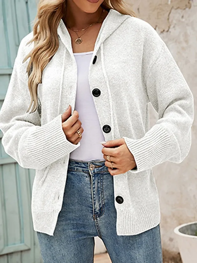 Women's Cardigan Sweater Jumper Ribbed Knit Regular Button Solid Color Hooded Stylish Casual Outdoor Daily Fall Winter Black White S M L