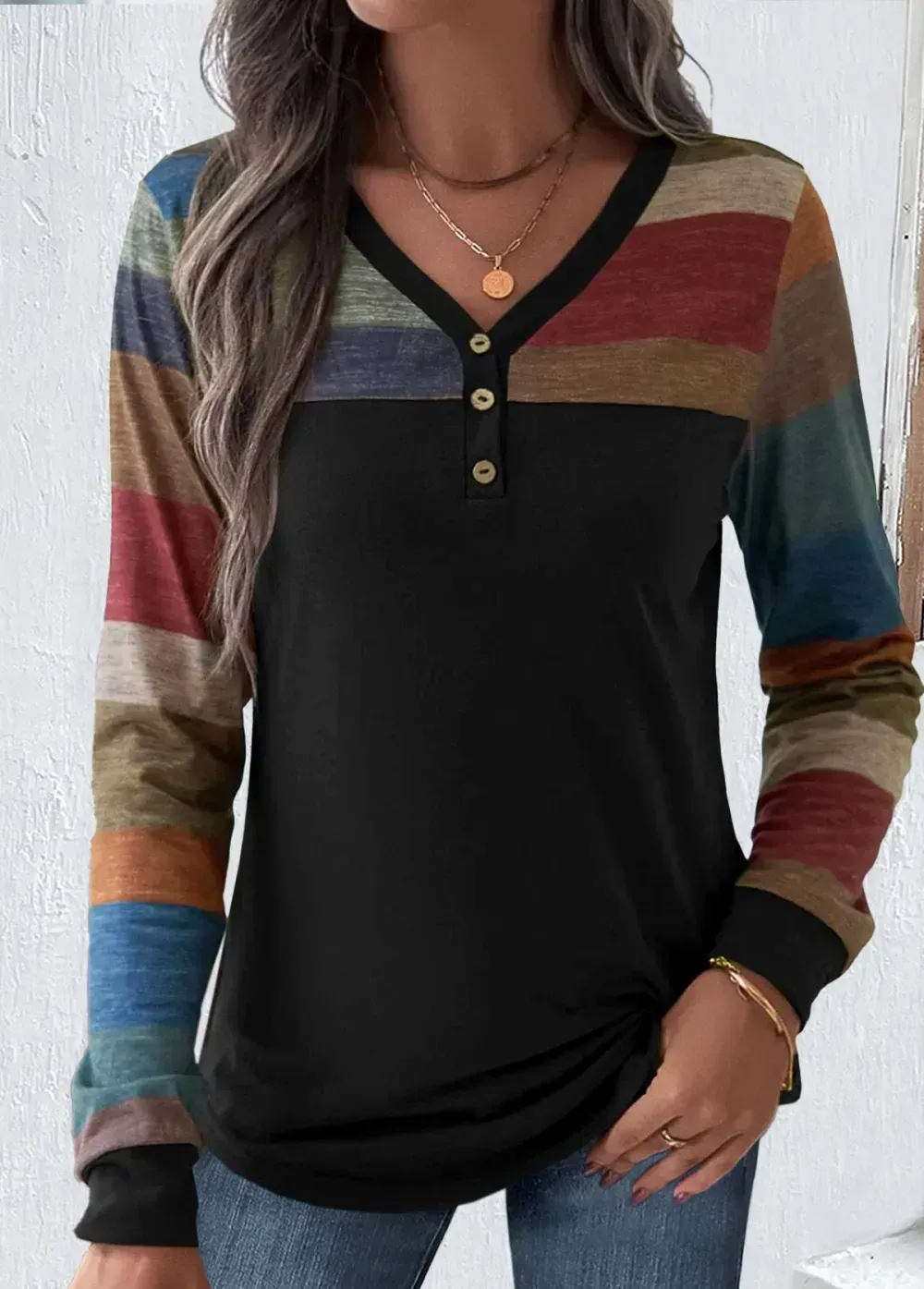 Multi Color Patchwork Striped Long Sleeve T Shirt