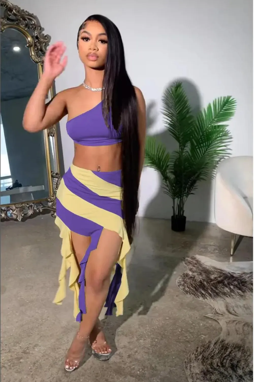 One-shoulder sexy tight-fitting tassel skirt suit
