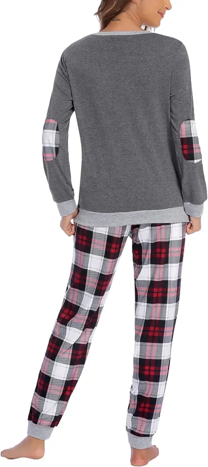 Women's Pajamas Sets Long Sleeve with Plaid Pants Soft Sleepwear O Neck 2 Piece Pjs Joggers Loung Set with Pockets