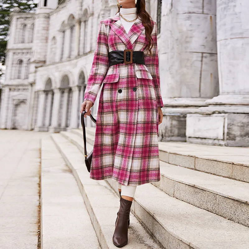 Rose Red Plaid Lapel Coat