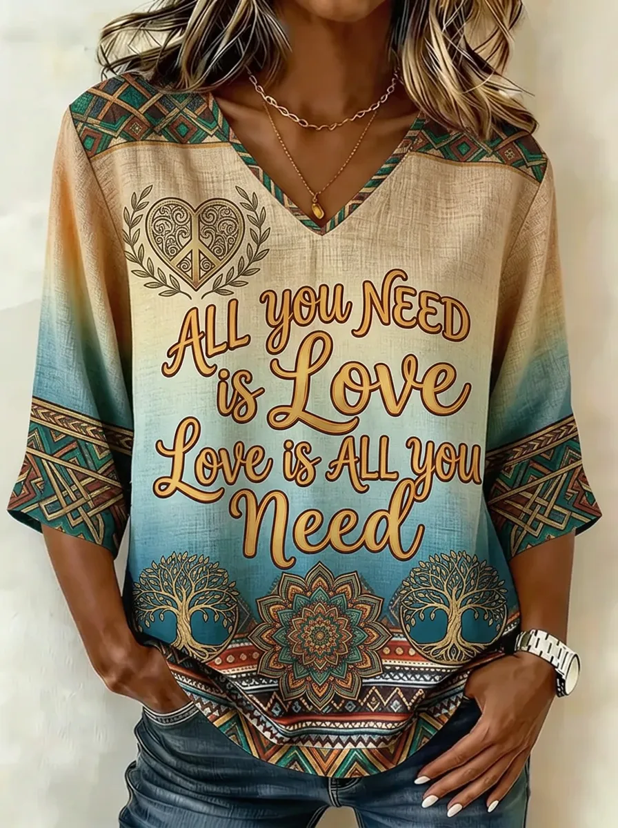 Women's Nashville Love Quote Mandala Tree Printed V-neck Top