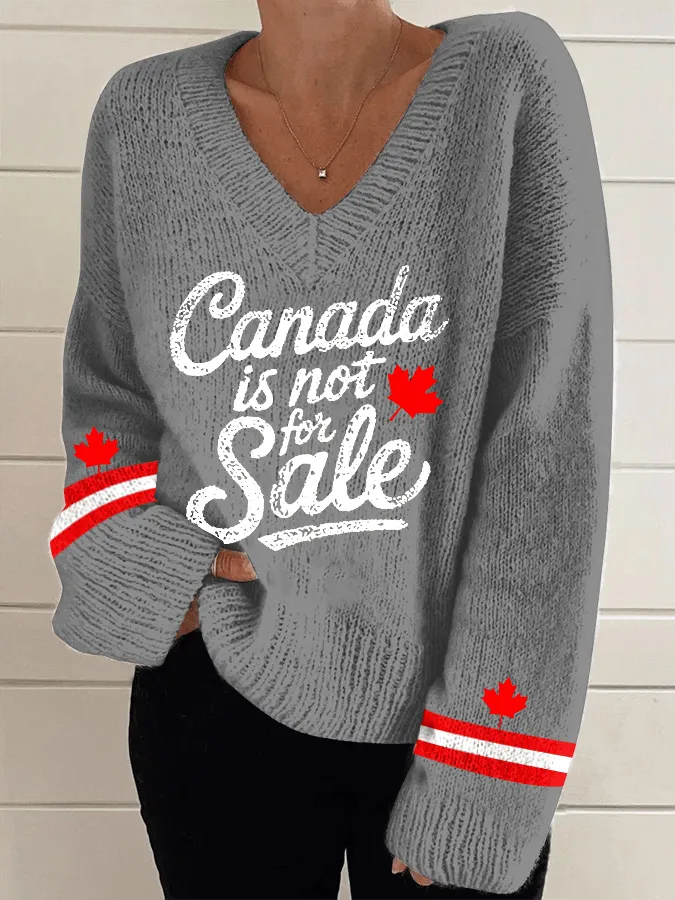 Women's Canada is Not for Sale Print V-Neck Knit Sweater