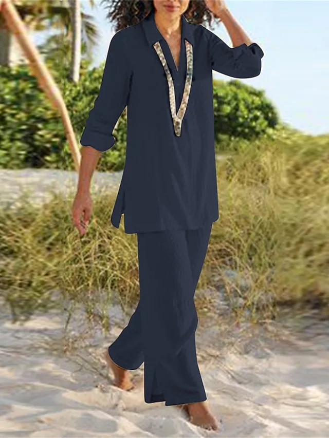Women's Loungewear Sets Pure Color Basic Casual Comfort Home Daily Vacation Cotton Breathable Lapel Long Sleeve Shirt Pant Summer Spring Black Brown