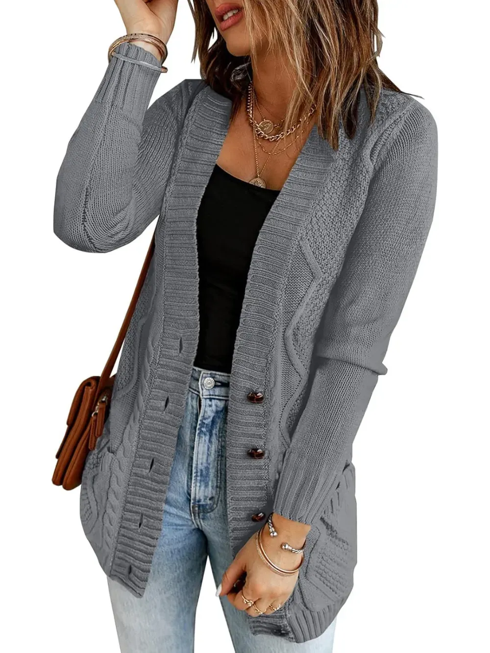 Womens Long Sleeve Open Front Buttons Cable Knit Pocket Sweater Cardigan