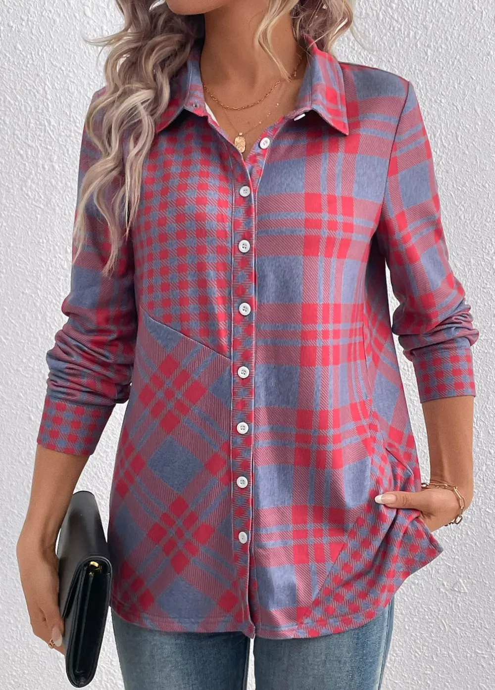Red Button Plaid Long Sleeve Shirt Collar Blouse