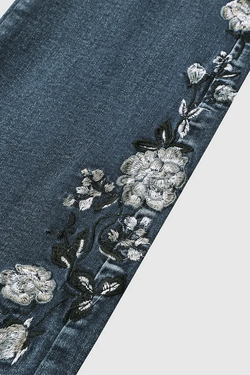 Floral Embroidery Mid Waist Bootcut Jeans