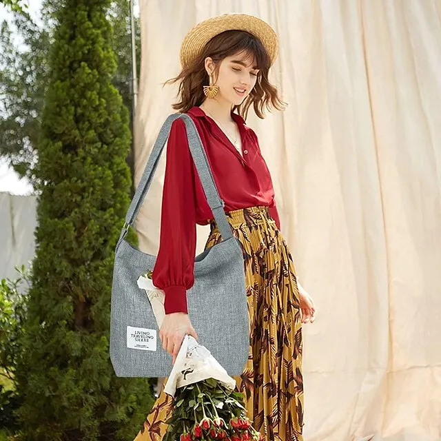 Canvas Tote Bag For Women Retro Large Size Canvas Shoulder Bag Hobo Crossbody Handbag Casual Tote For Shopping And Travel