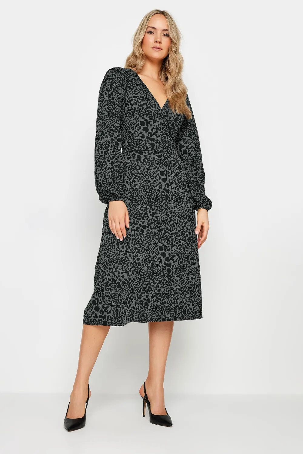 LTS Tall Charcoal Grey Leopard Print Midi Wrap Dress