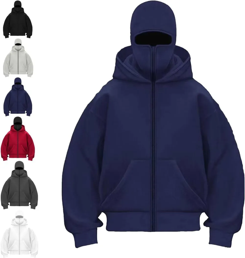 Unisex Hoodie with Built-In Eye Mask, Double Hooded Hoodie, Full Zip Hooded Sweatshirt for Cold Weather