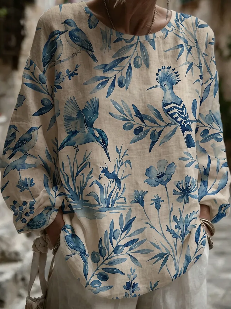 Women's Nashville Nature Lover Blue Bird Floral Printed Top