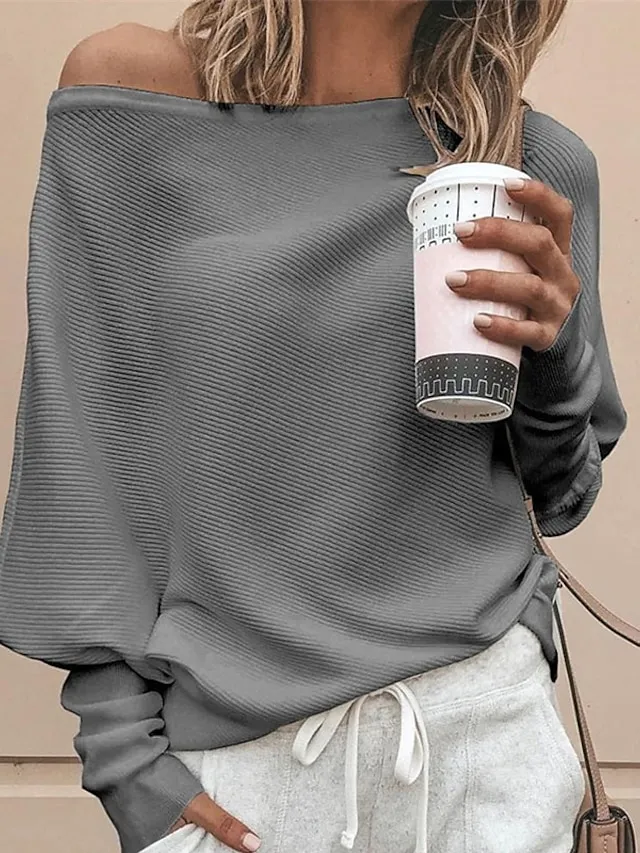 Women's Pullover Sweater jumper Jumper Knit Knitted Solid Color Boat Neck Basic Stylish Outdoor Home Winter Fall Gray White S M L / Long Sleeve / Casual / Going out / Loose Fit