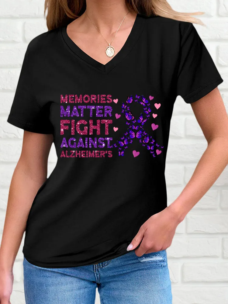 Women'S V-Neck Short-Sleeved T-Shirt Memories Matter Fight Against Alzheimer'S Prints