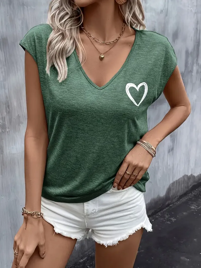 Heart Print V Neck T-shirt, Casual Cap Sleeve Top For Spring & Summer, Women's Clothing