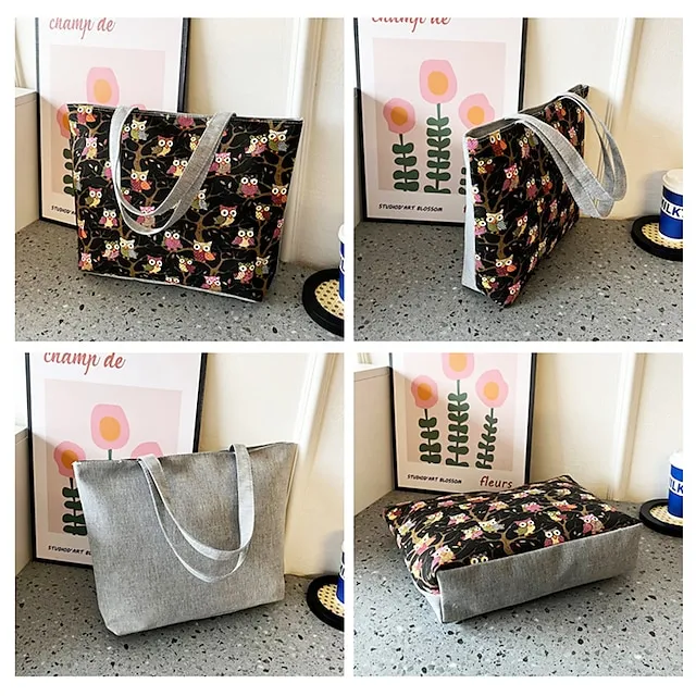 Women's Tote Shoulder Bag Canvas Tote Bag Canvas Shopping Daily Zipper Large Capacity Foldable Lightweight Striped Patchwork Folk Red stripes Red square Black square