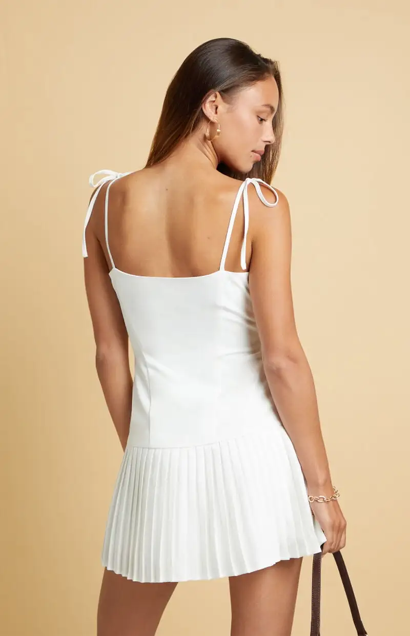 Beverly and Beck Romee Tie Front Bow Pleated Mini Dress