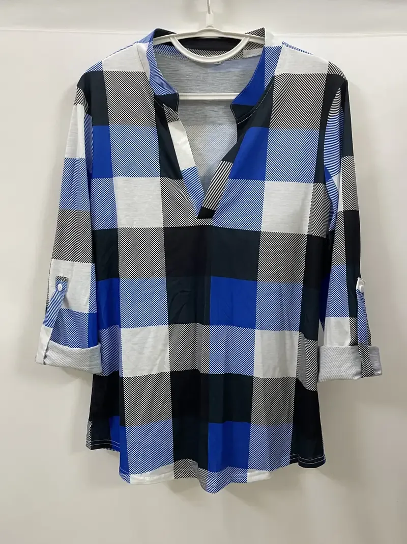 Casual Plaid Shirt, Long Sleeve V-neck Shirt, Casual Every Day Tops, Women's Clothing