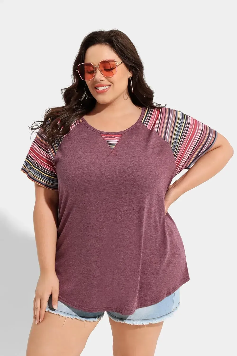 TIYOMI Plus Size T Shirt for Women Short Sleeve Tunic Cross Line Shirts Round Neck Tops Summer Blouse XL-5XL 14-28
