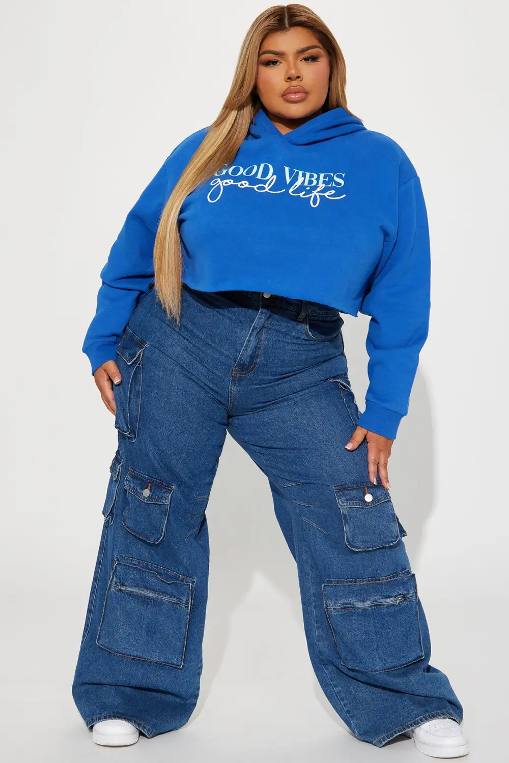 Good Vibes Good Life Crop Hoodie - Blue