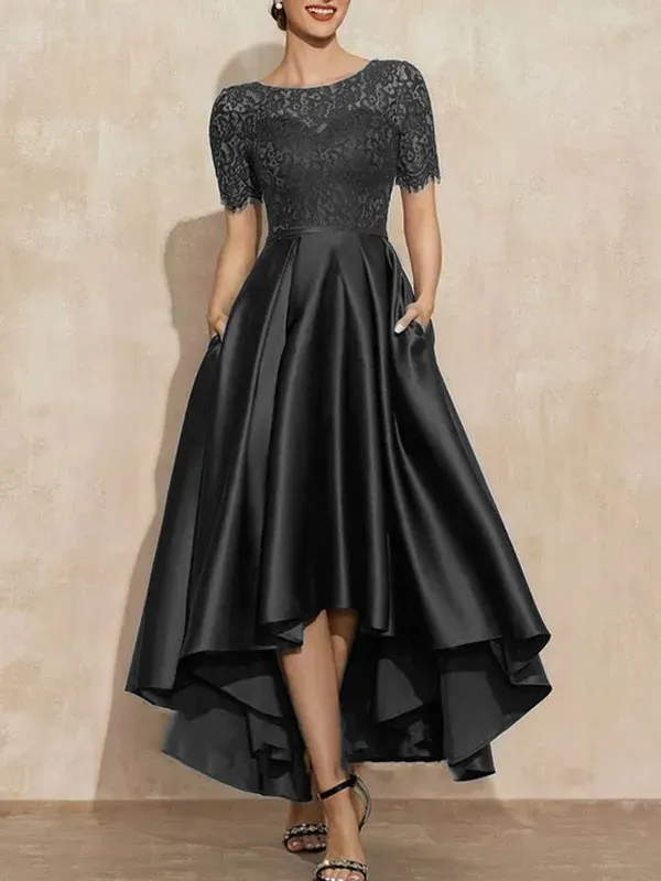 A-Line Scoop Neck Asymmetrical Satin Lace Mother of the Bride Dress With Pockets