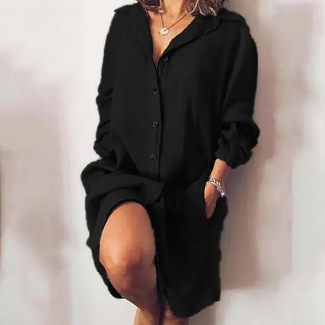 Women's Shirt Dress Casual Dress Cotton Linen Dress Midi Dress Cotton Blend Simple Basic Home Street Daily Shirt Collar Pocket Long Sleeve Summer Spring Fall 2023 Loose Fit Black White Yellow Pure