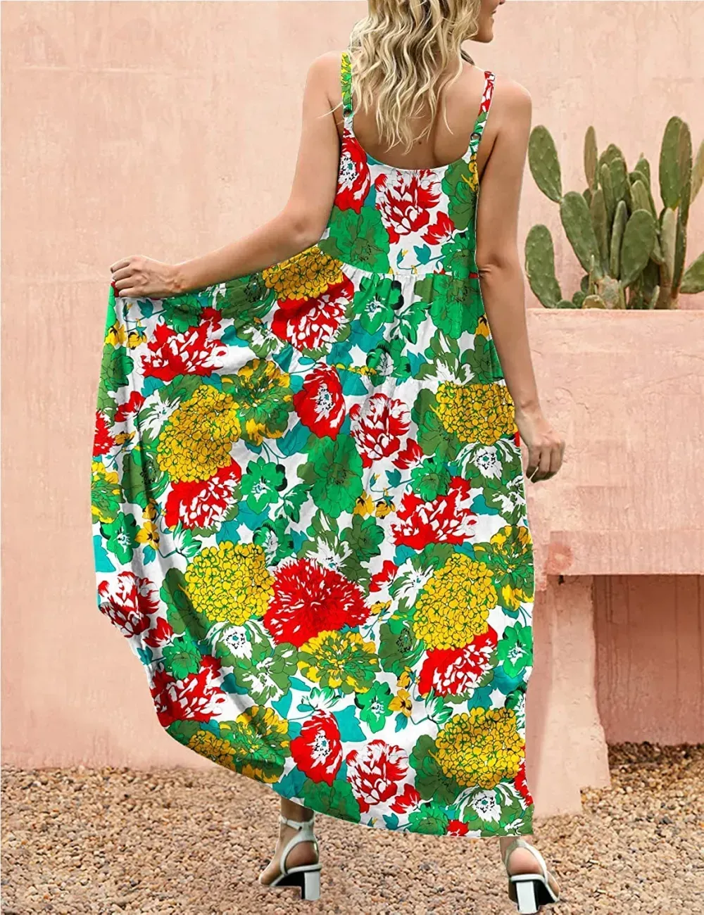 Summer Dresses for Women Casual Loose Bohemian Floral Dress with Pockets Spaghetti Strap Maxi Dress E75