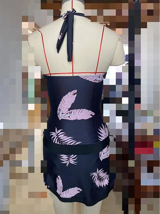 Women's Swimwear Tankini Swim Dress 2 Piece Plus Size Swimsuit Halter 2 Piece Modest Swimwear Open Back Printing Trees / Leaves Black Halter V Wire Bathing Suits New Vacation Fashion