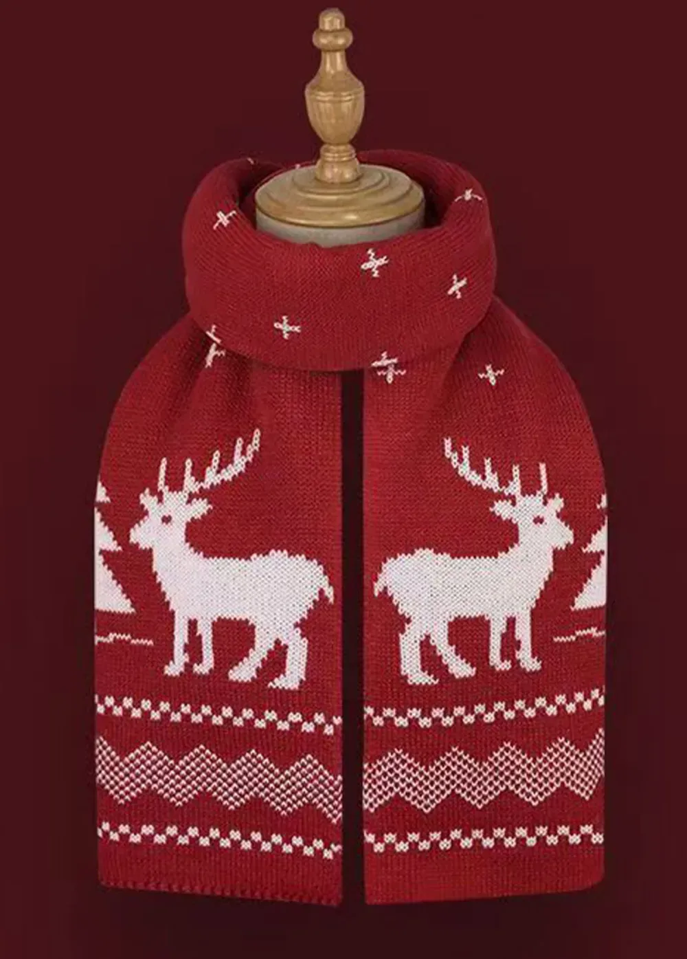 Christmas Wine Red Geometric Elk Print Scarf