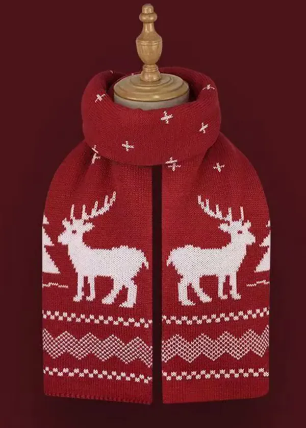 Christmas Wine Red Geometric Elk Print Scarf