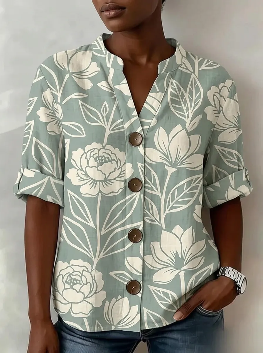 Women's Nashville Floral Botanical Printed Button-up Shirt