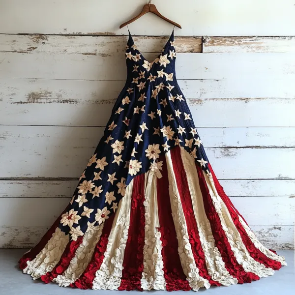 Women's Vintage Independence Day Flag Flowers Art Linen Slip Dress