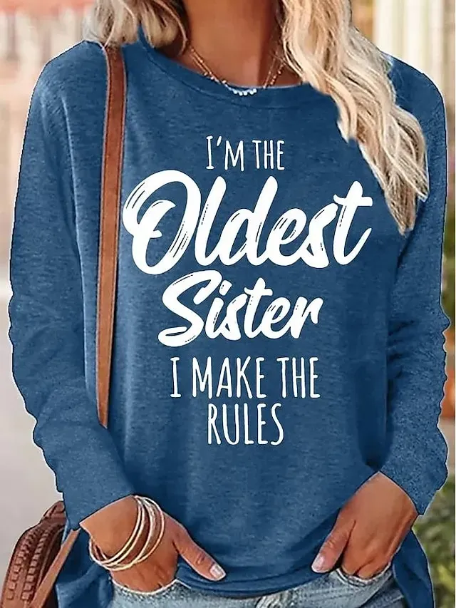 Women's T Shirt Fashion Letter Family Regular Tops Long Sleeve Round Neck Print Regular Fit Daily Weekend Black Pink Blue Green Spring &  Fall Spring, Fall, Winter, Summer